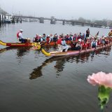 Both boats in Annapolis Harbor during the 2022 Open the Eyes of the Dragon ceremony with a pink carnation in the foreground