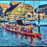 Painting of paddlers in the Red Boat in the Annapolis Harbor by Captain Adam Belshe
