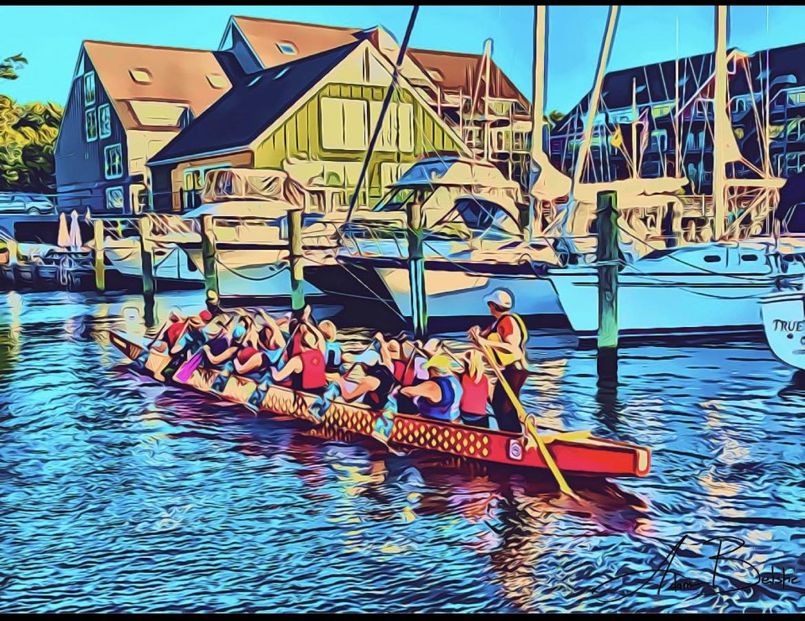 Painting of paddlers in the Red Boat in the Annapolis Harbor by Captain Adam Belshe