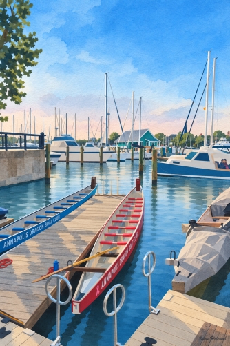 The club's two dragon boats docked at Pier 4 marina in the foreground with a view of sailboats in the background